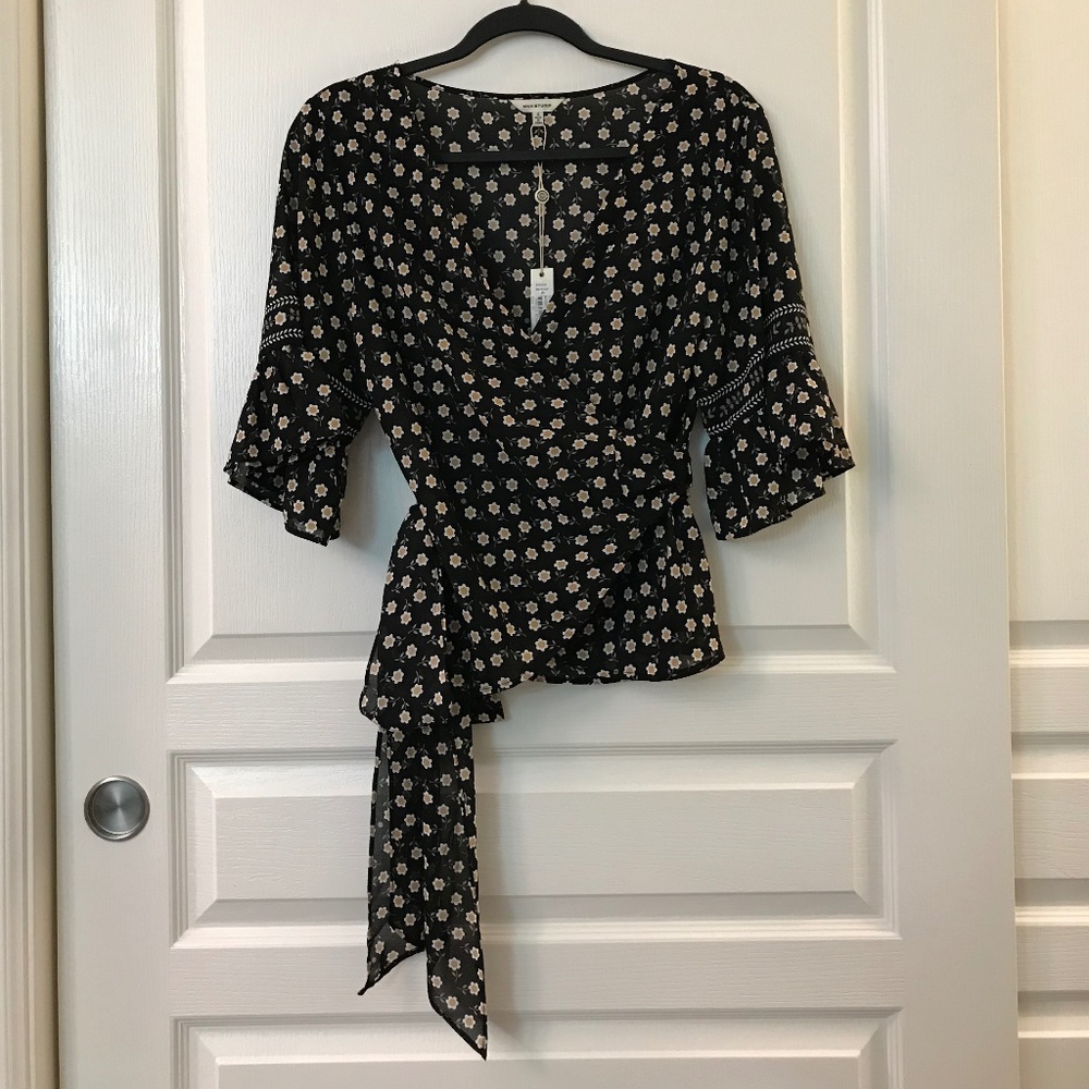 NWT Max Studio Black and Tan Floral Wrap Blouse